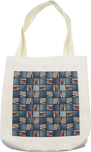 Lunarable Geometric Tote Bag, Quilt Design with Scraps of Denim and Knit Graphic Colorful Melange Print, Cloth Linen Reusable Bag for Shopping Books Beach and More, 16.5" X 14", Cream