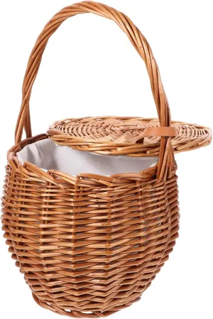 Luxshiny Wicker Picnic Basket with Liner, Round Woven Basket with Lid Handle Small Pocket Country Vintage Wedding Flower Girl Basket Willow Handbag Outdoor Picnic Hamper B