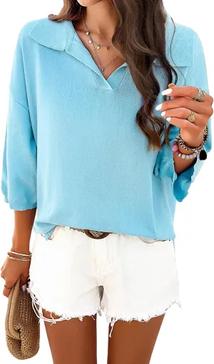 LY VAREY LIN Women’s Summer Tops Dressy Casual V Neck Half Sleeve Blouses Solid Shirts