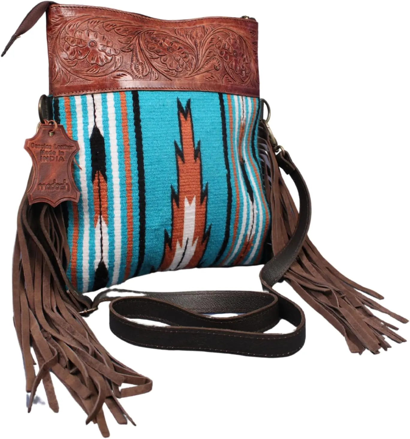 Madosh Handmade Leather & Tribal Wool Crossbody Bag – Tooled Flap, Fringe Accents, Zipper Closure & Detachable Strap | Boho Western Shoulder Purse for Women