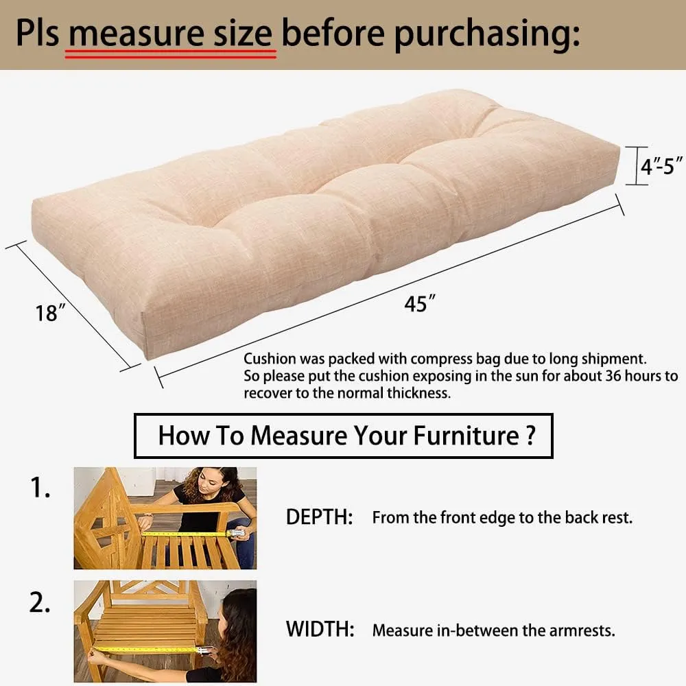Magpie Fabrics Patio Bench Cushion 45"x18", Indoor/Outdoor Non-Slip Water Resistant Long Seat Pads, Tufted Loveseat Cushion for Swing, Settee, Window, Garden, Wicker, Front Porch (Beige Textured)