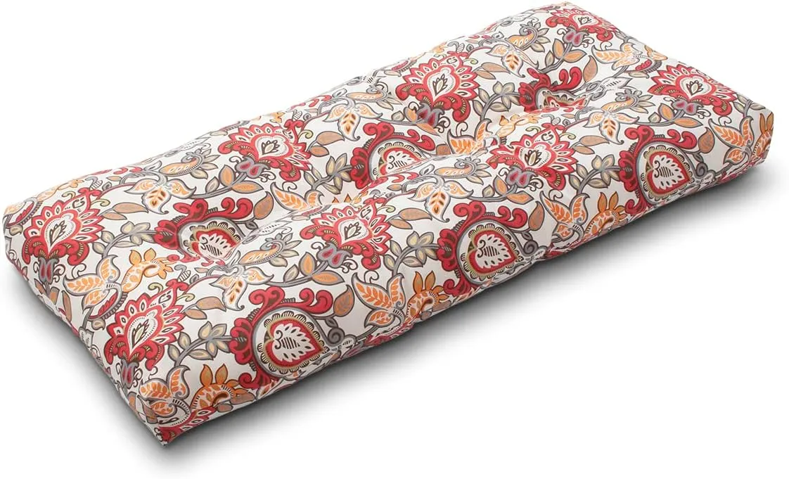 Magpie Fabrics Patio Bench Cushion 45"x18", Indoor/Outdoor Non-Slip Water Resistant Long Seat Pads, Tufted Loveseat Cushion for Swing, Settee, Window, Garden, Wicker, Front Porch (Botanical Red)