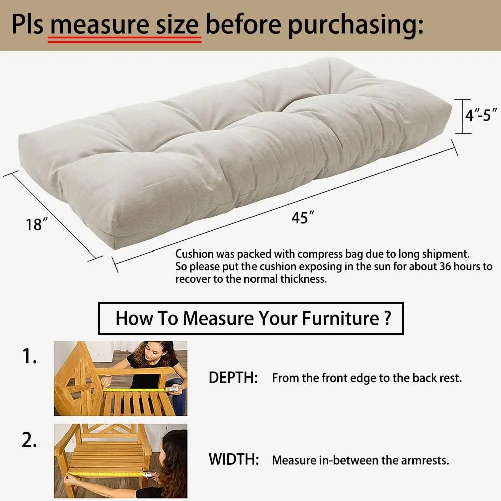 Magpie Fabrics Patio Bench Cushion 45"x18", Indoor/Outdoor Non-Slip Water Resistant Long Seat Pads, Tufted Loveseat Cushion for Swing, Settee, Window, Garden, Wicker, Front Porch (Light Taupe)