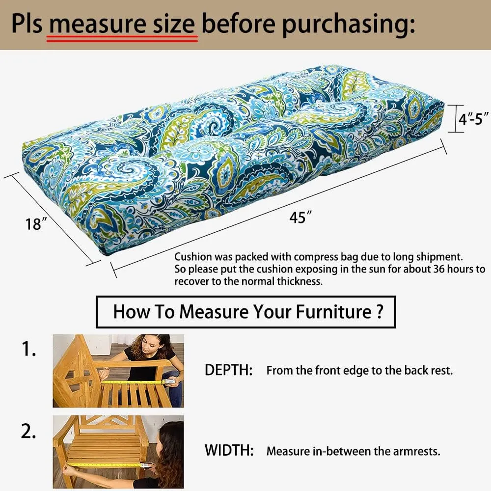 Magpie Fabrics Patio Bench Cushion 45"x18", Indoor/Outdoor Non-Slip Water Resistant Long Seat Pads, Tufted Loveseat Cushion for Swing, Settee, Window, Garden, Wicker, Front Porch (Paisley Lapis Green)