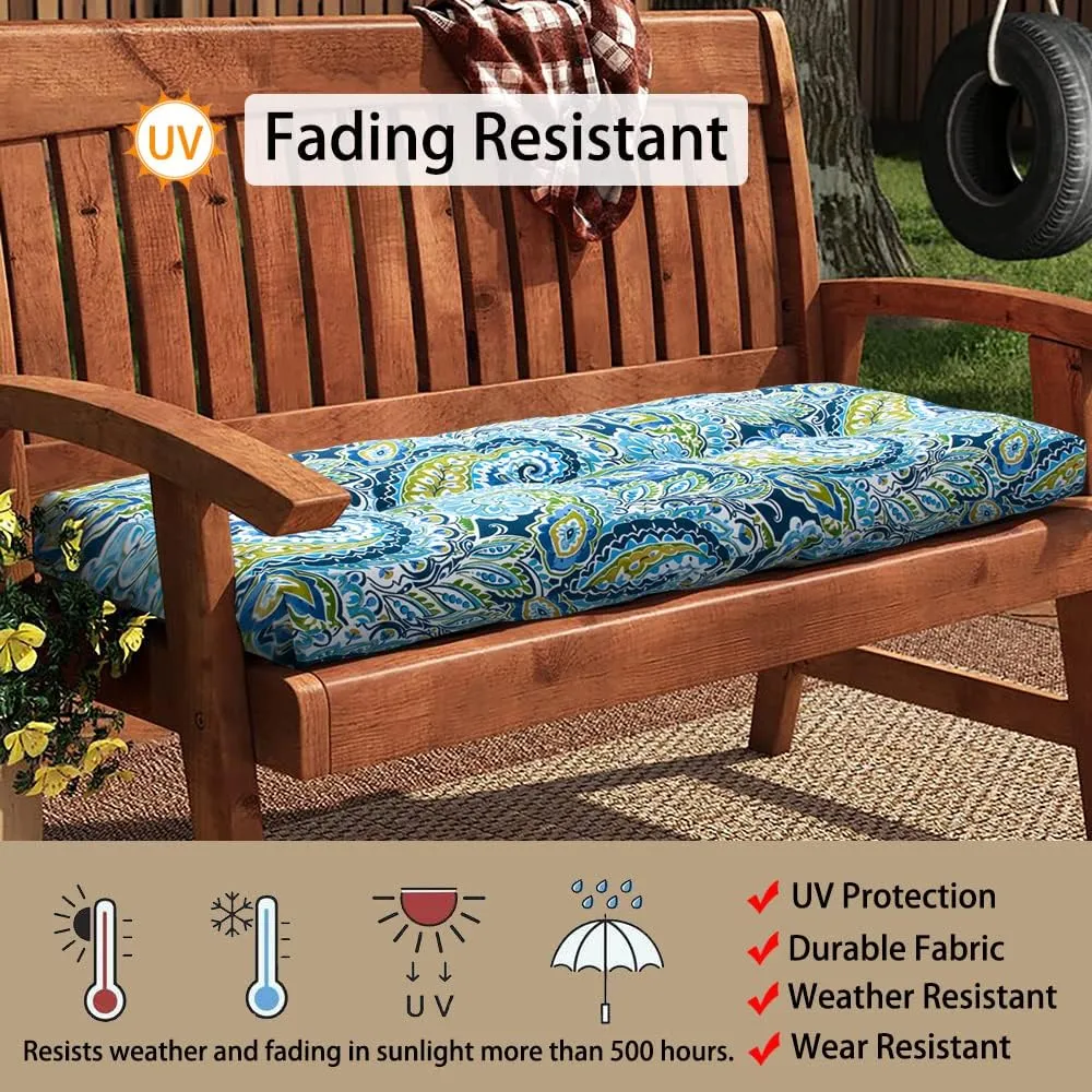 Magpie Fabrics Patio Bench Cushion 45"x18", Indoor/Outdoor Non-Slip Water Resistant Long Seat Pads, Tufted Loveseat Cushion for Swing, Settee, Window, Garden, Wicker, Front Porch (Paisley Lapis Green)