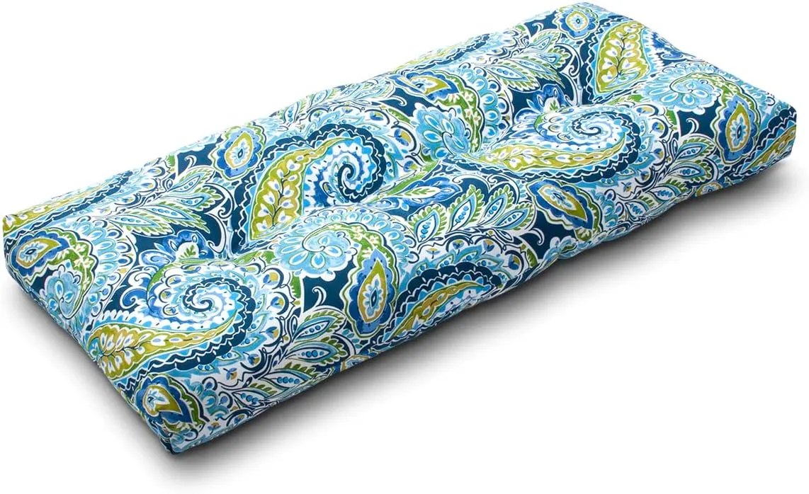Magpie Fabrics Patio Bench Cushion 45"x18", Indoor/Outdoor Non-Slip Water Resistant Long Seat Pads, Tufted Loveseat Cushion for Swing, Settee, Window, Garden, Wicker, Front Porch (Paisley Lapis Green)