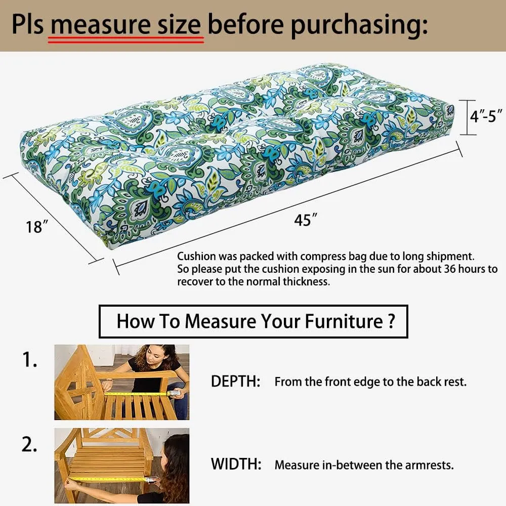 Magpie Fabrics Patio Bench Cushion 45"x18", Indoor/Outdoor Non-Slip Water Resistant Long Seat Pads, Tufted Loveseat Cushion for Swing, Settee, Window, Garden, Wicker, Front Porch(Botanical Blue Green)