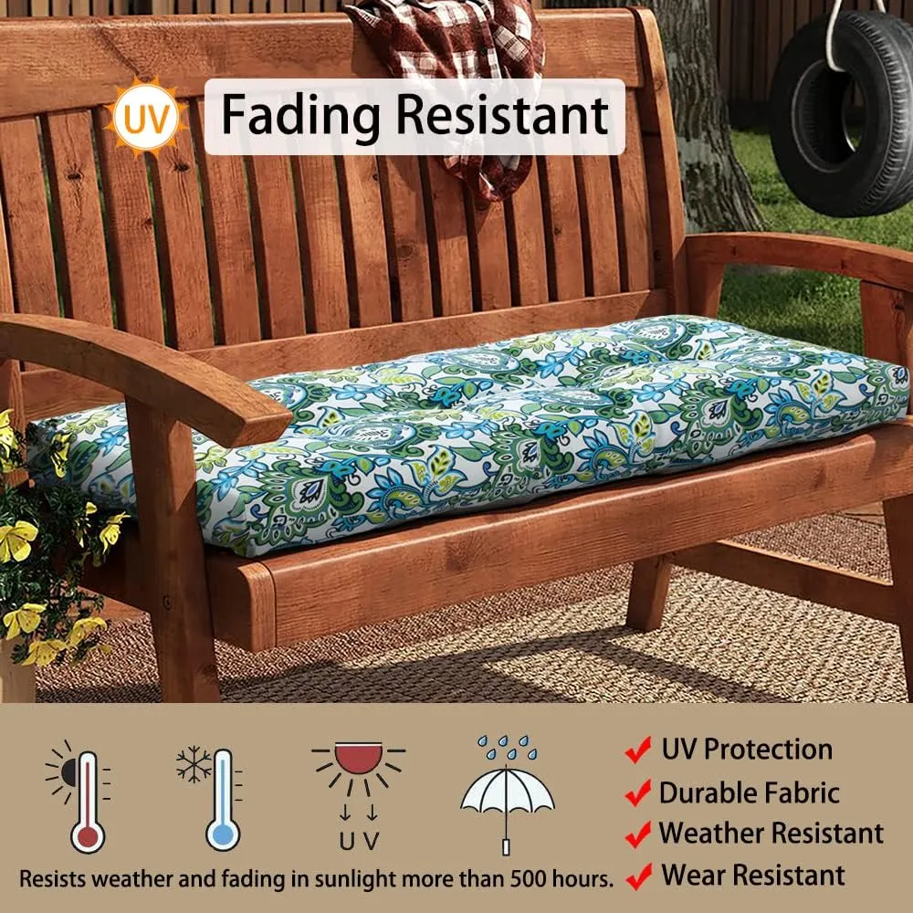 Magpie Fabrics Patio Bench Cushion 45"x18", Indoor/Outdoor Non-Slip Water Resistant Long Seat Pads, Tufted Loveseat Cushion for Swing, Settee, Window, Garden, Wicker, Front Porch(Botanical Blue Green)