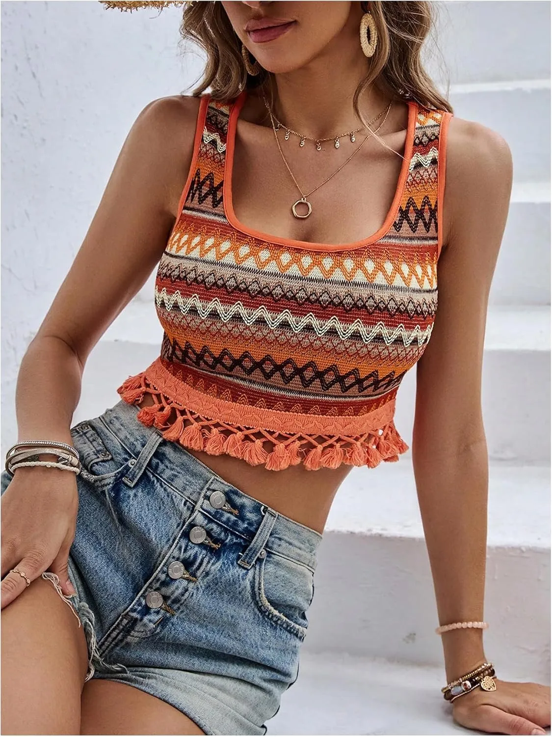 MakeMeChic Women's Chevron Wide Strap Square Neck Cami Top Fringe Boho Crop Tops