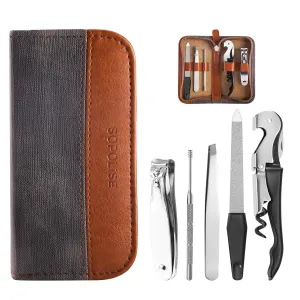 Manicure Set 5-Piece with PU Leather Case - Stainless Steel Nail Clipper Kit Includes Nail Clipper, Nail File,Tweezers, Ear Spoon & Wine Opener Tools for Home&Travel&Gift