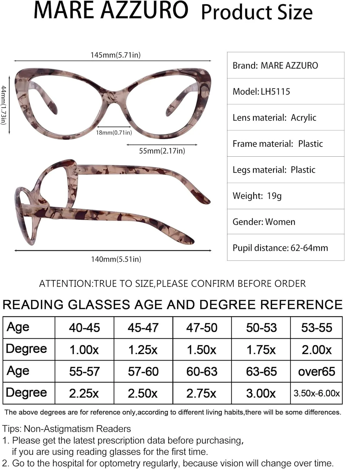 MARE AZZURO Oversized Reading Glasses Women Stylish Cat Eye Readers 0 1.0 1.5 2.0 2.5 3.0 3.5