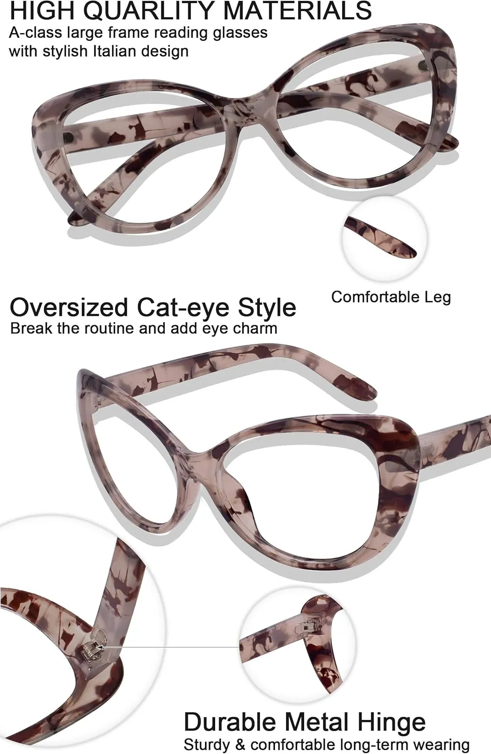 MARE AZZURO Oversized Reading Glasses Women Stylish Cat Eye Readers 0 1.0 1.5 2.0 2.5 3.0 3.5
