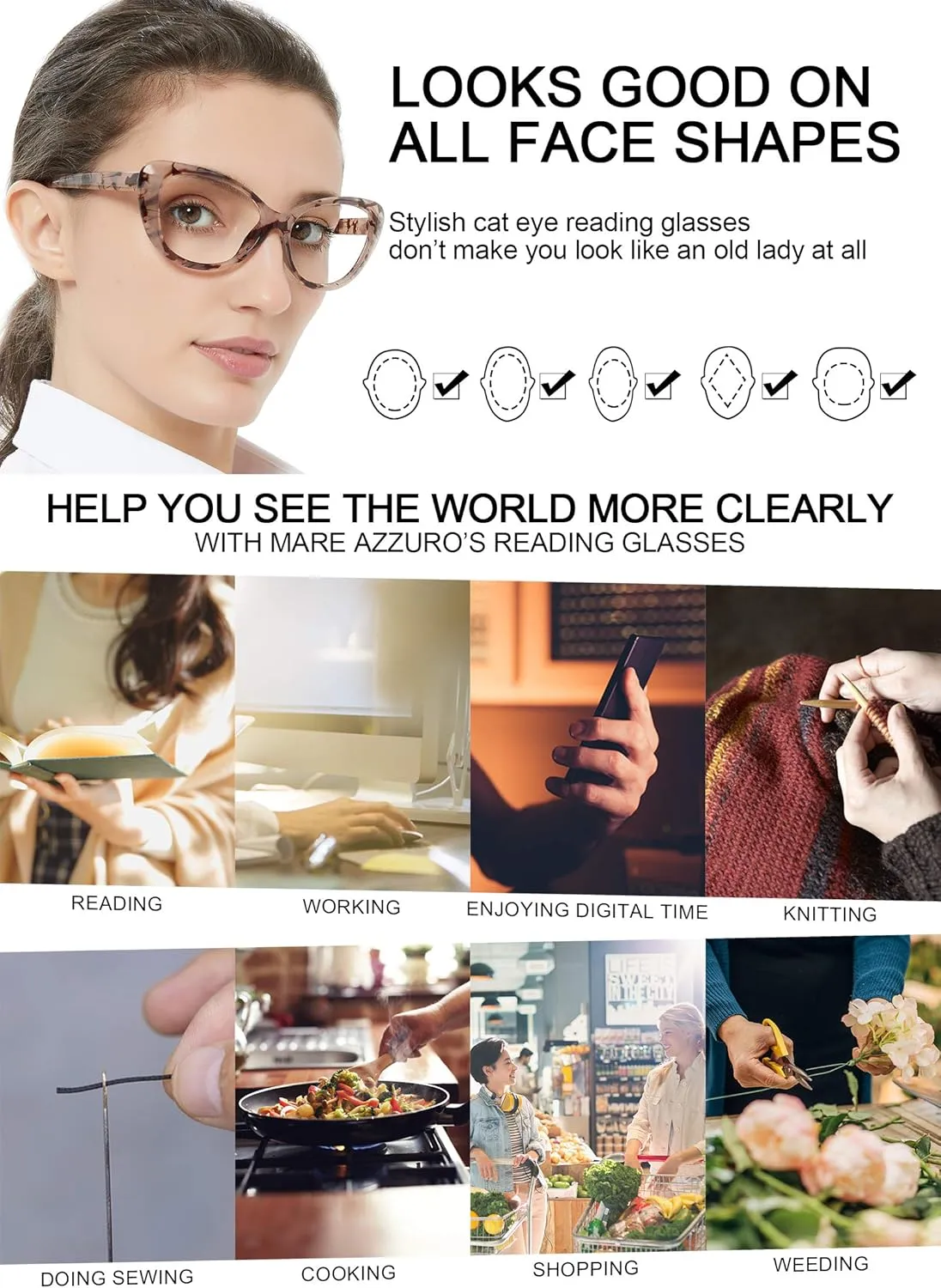 MARE AZZURO Oversized Reading Glasses Women Stylish Cat Eye Readers 0 1.0 1.5 2.0 2.5 3.0 3.5