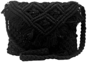 Maresse Charcoal Black Macrame Crossbody Bag - Handcrafted Bohemian Fringe Purse for Women - Chic Black Shoulder Bag - Eco-Friendly Handmade Weaving Handbag - Stylish Hollow Sling Boho Bag, Black, M