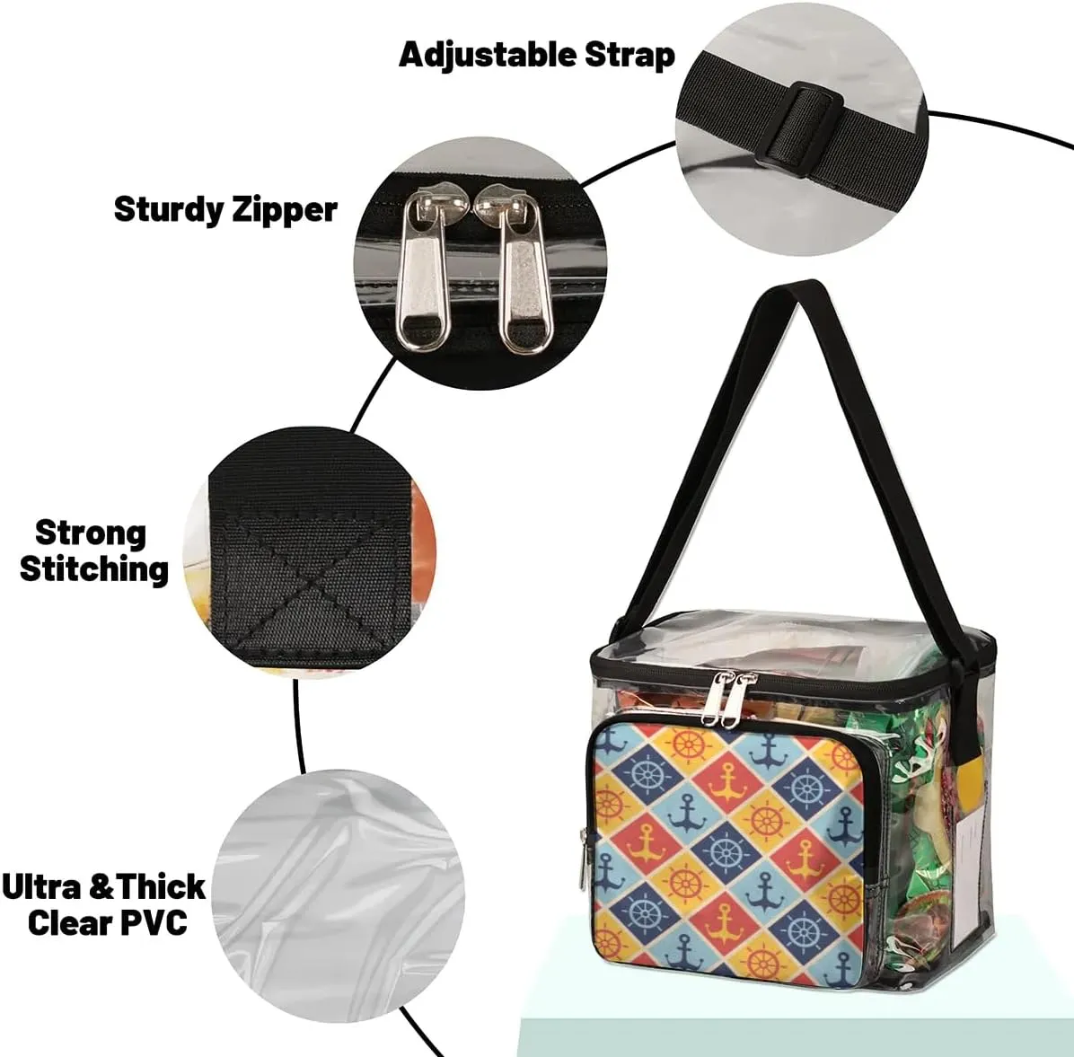 Maritime Mood Clear Lunch Bag Stadium Approved for Women Men Large Transparent Lunch Box with Adjustable Strap See Through Tote Bag for Work Sports Events Concerts