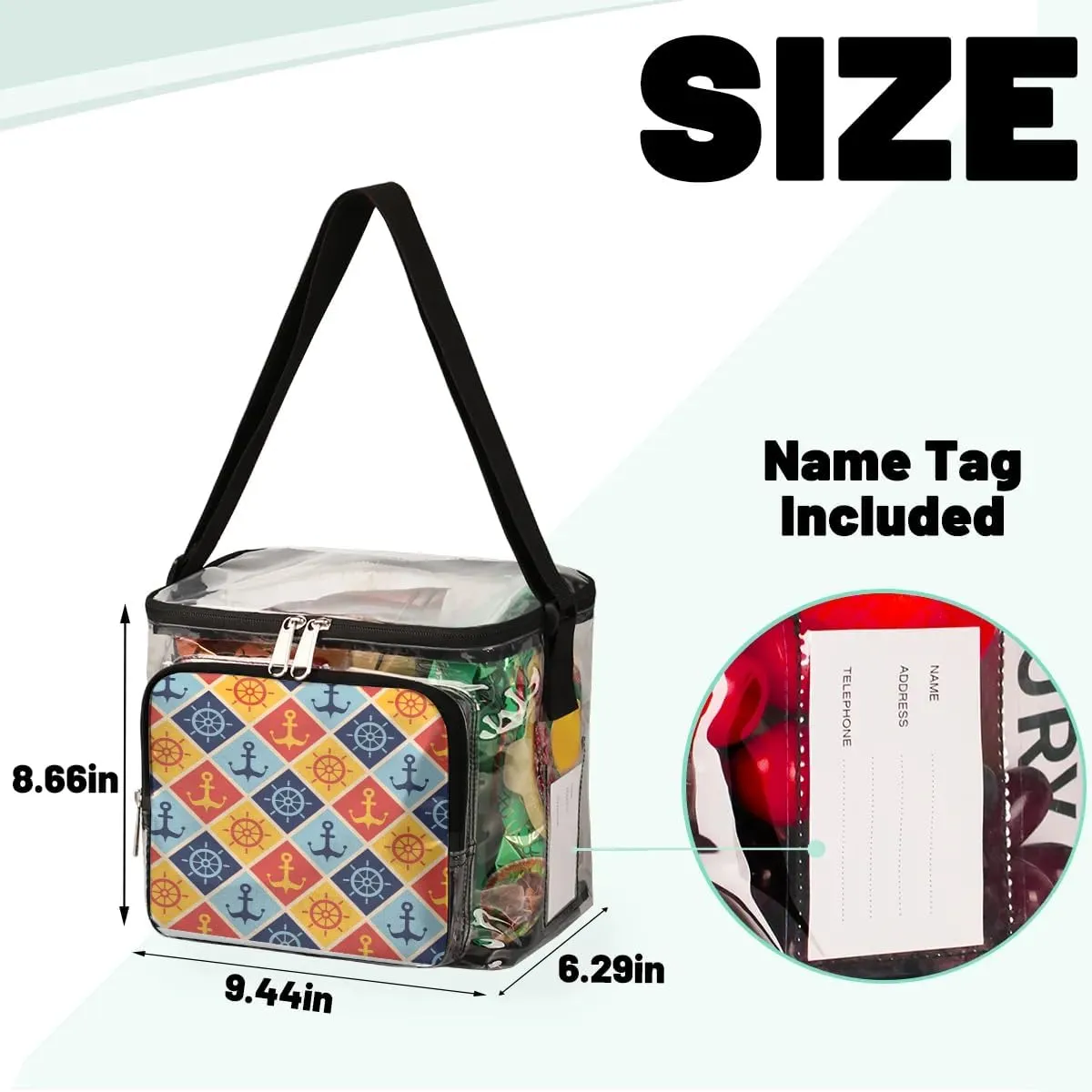 Maritime Mood Clear Lunch Bag Stadium Approved for Women Men Large Transparent Lunch Box with Adjustable Strap See Through Tote Bag for Work Sports Events Concerts
