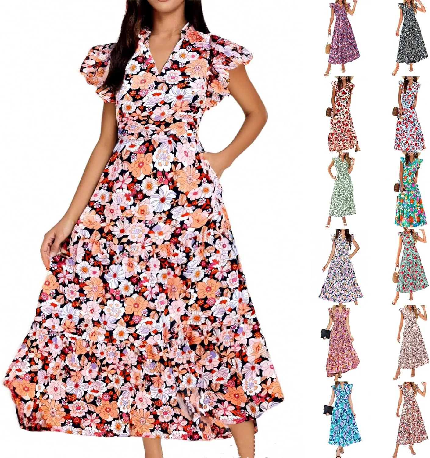 Maxi Dresses for Women 2025 Summer V Neck Flutter Sleeve Floral Dress Beach Vacation Casual Wedding Guest Dress
