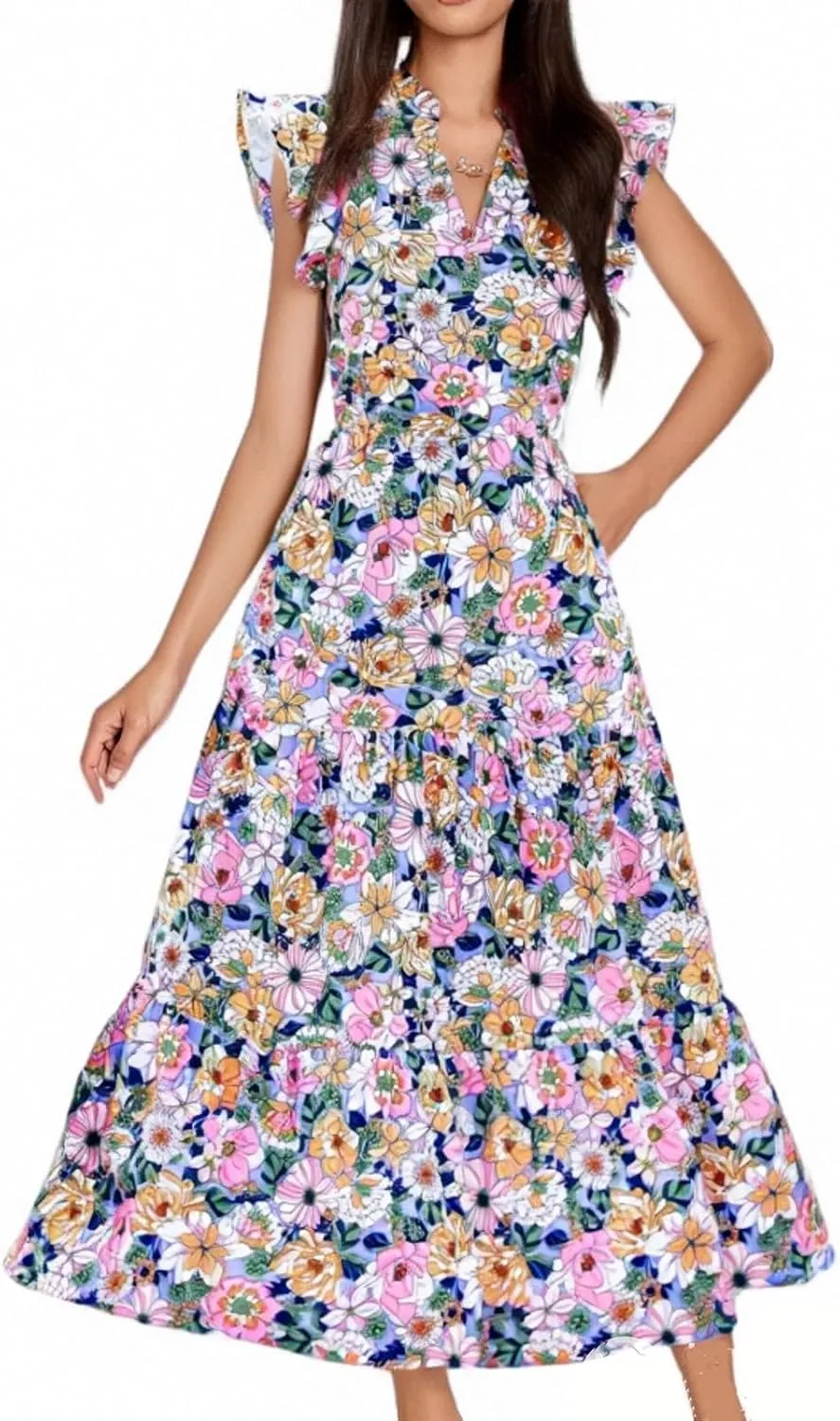 Maxi Dresses for Women 2025 Summer V Neck Flutter Sleeve Floral Dress Beach Vacation Casual Wedding Guest Dress