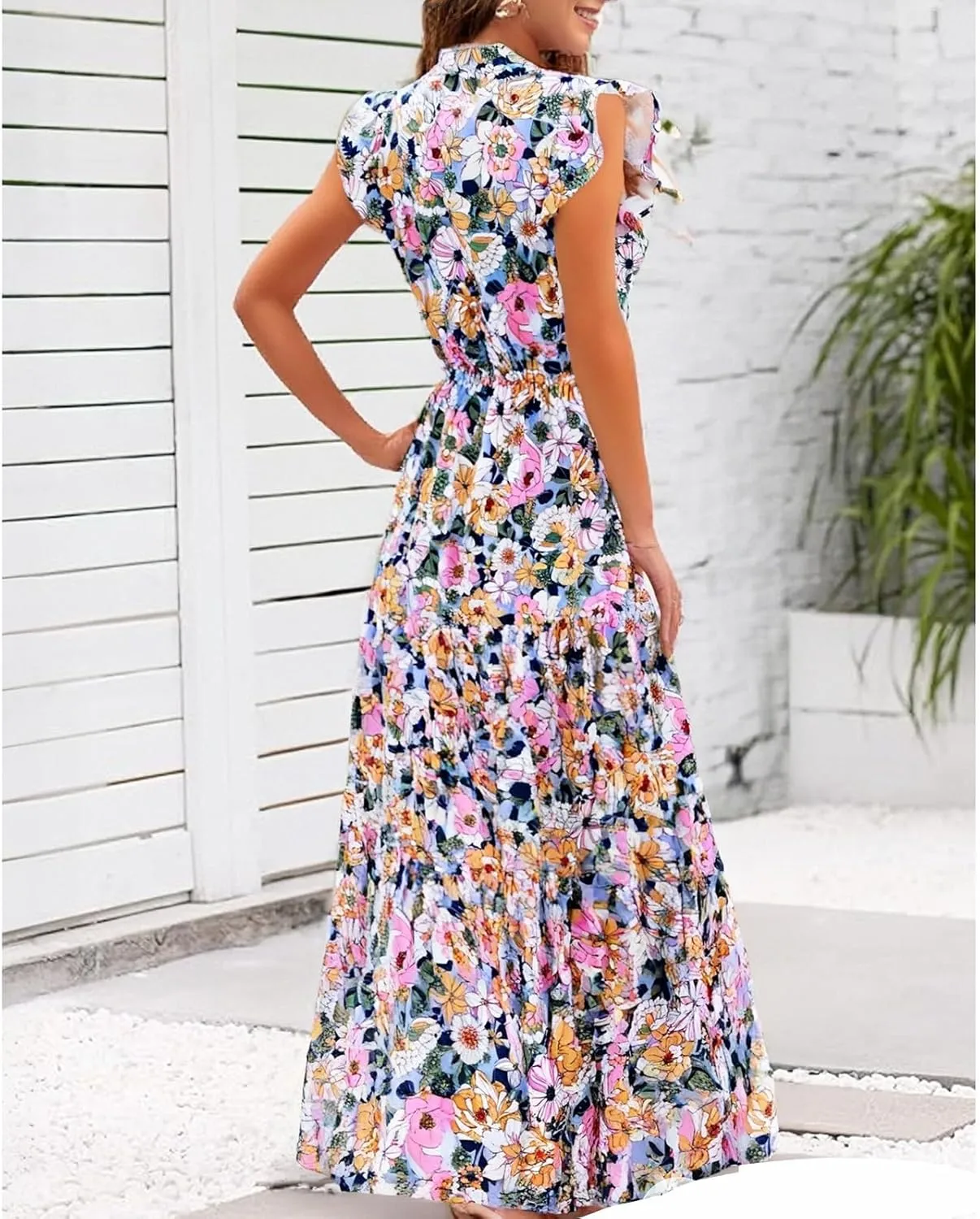 Maxi Dresses for Women 2025 Summer V Neck Flutter Sleeve Floral Dress Beach Vacation Casual Wedding Guest Dress
