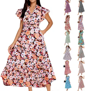 Maxi Dresses for Women 2025 Summer V Neck Flutter Sleeve Floral Dress Beach Vacation Casual Wedding Guest Dress