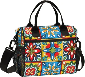 MCHIVER Ceramic Tiles Lunch Bag Insulated Lunch Box with Adjustable Shoulder Strap Reusable Cooler Bag with Side Pockets Large Lunch Tote Bag for Kids Men Women Size S