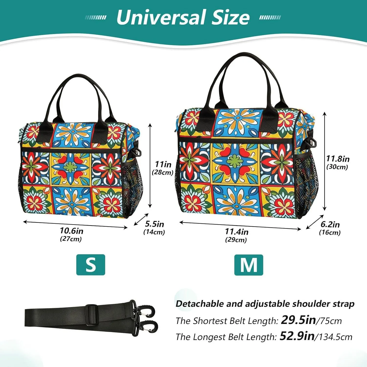 MCHIVER Ceramic Tiles Lunch Bag Insulated Lunch Box with Adjustable Shoulder Strap Reusable Cooler Bag with Side Pockets Large Lunch Tote Bag for Kids Men Women Size S