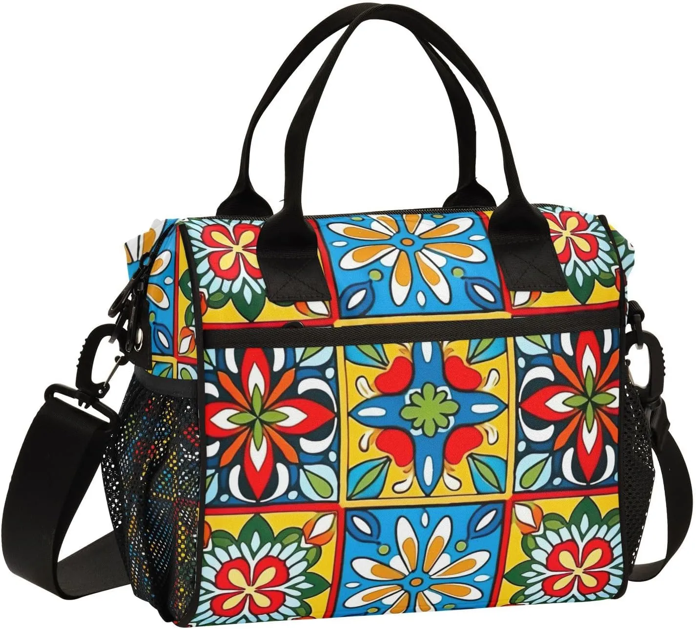 MCHIVER Ceramic Tiles Lunch Bag Insulated Lunch Box with Adjustable Shoulder Strap Reusable Cooler Bag with Side Pockets Large Lunch Tote Bag for Kids Men Women Size S