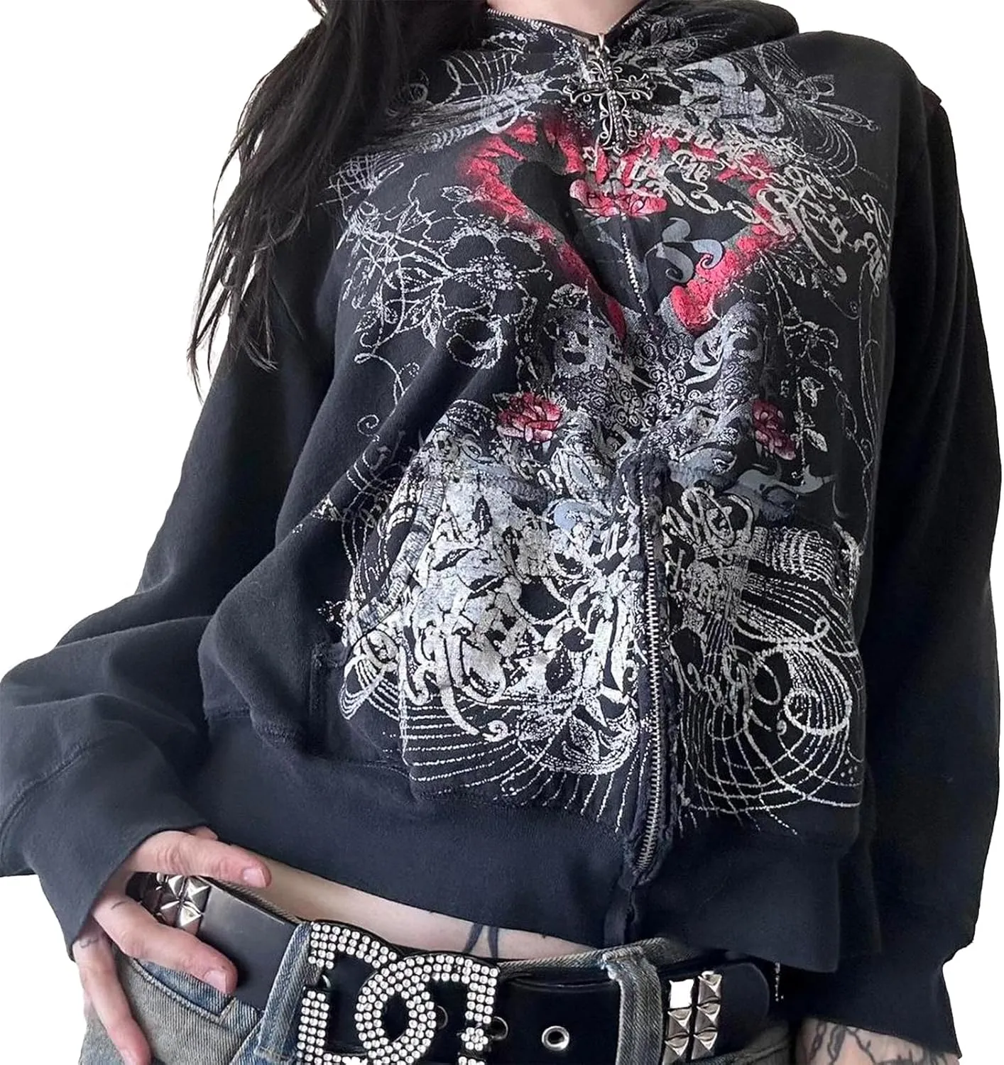 Meiweileya Women's Y2k Grunge Skull Graphic Zip Up Hoodies Emo Goth Skeleton Jacket Long Sleeve