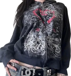 Meiweileya Women's Y2k Grunge Skull Graphic Zip Up Hoodies Emo Goth Skeleton Jacket Long Sleeve