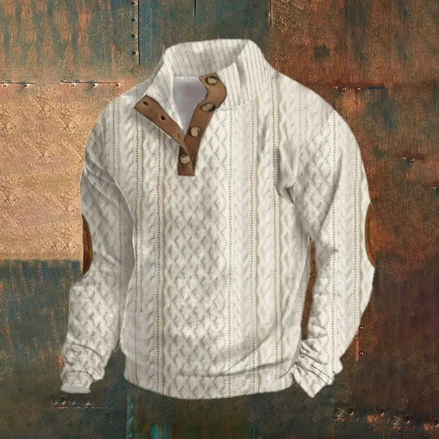 Men Plus Size Long Sleeve Sweatshirt Vintage Button Pullover Casual Shirt with Elbow Patches Soft Blouse Fall Shirt
