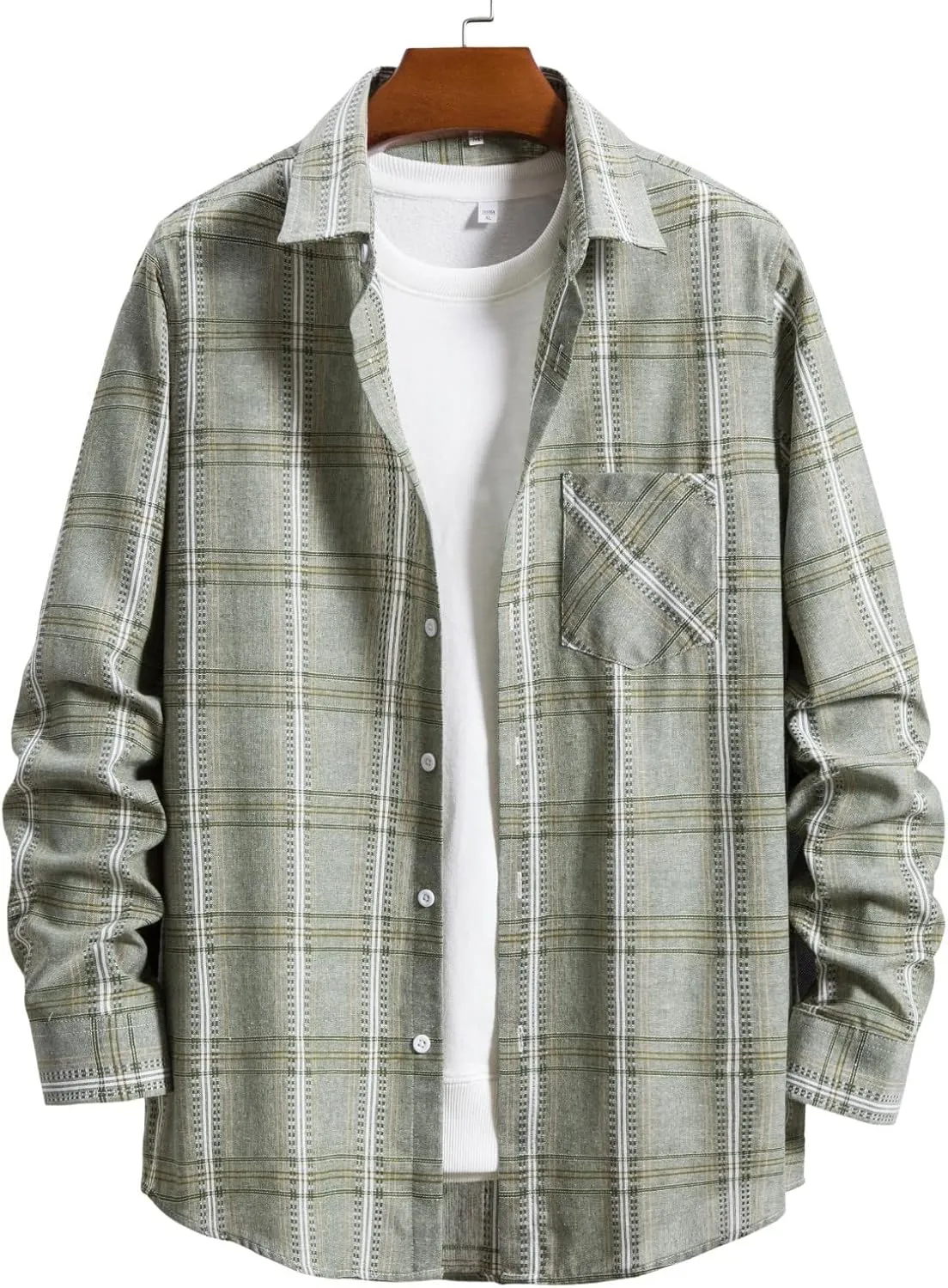 Men's Cotton Plaid Shirts Jacket Fleece Lightweight Breathable Long Sleeve Lapel Formal Shirt Plaid Flannel Shirts