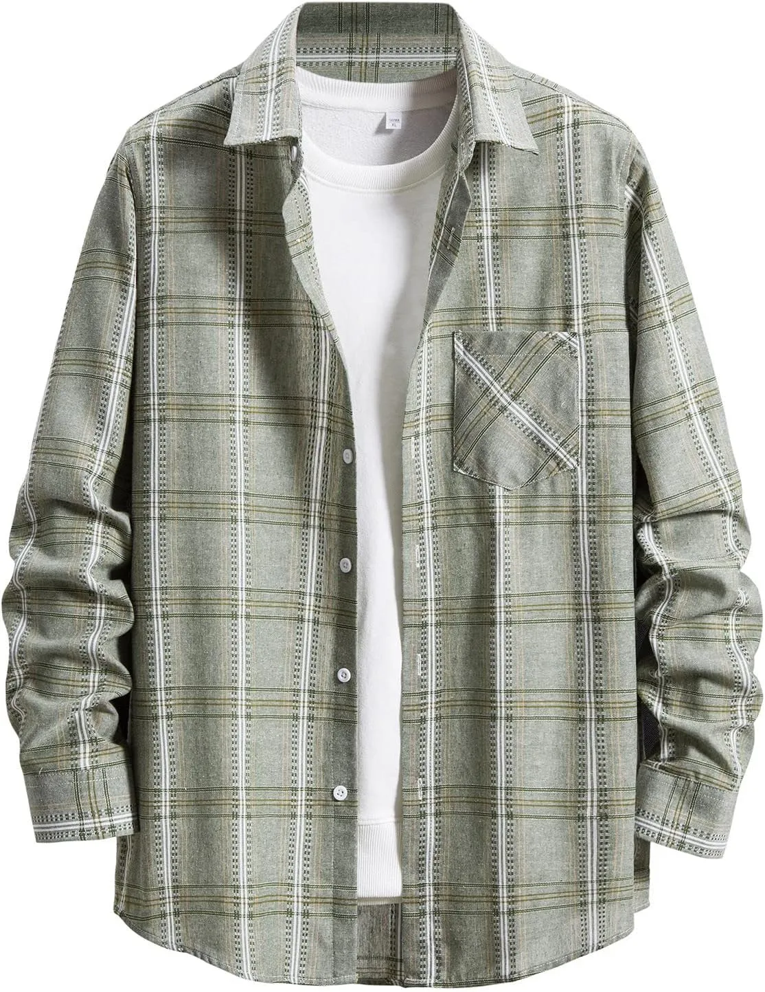 Men's Cotton Plaid Shirts Jacket Fleece Lightweight Breathable Long Sleeve Lapel Formal Shirt Plaid Flannel Shirts