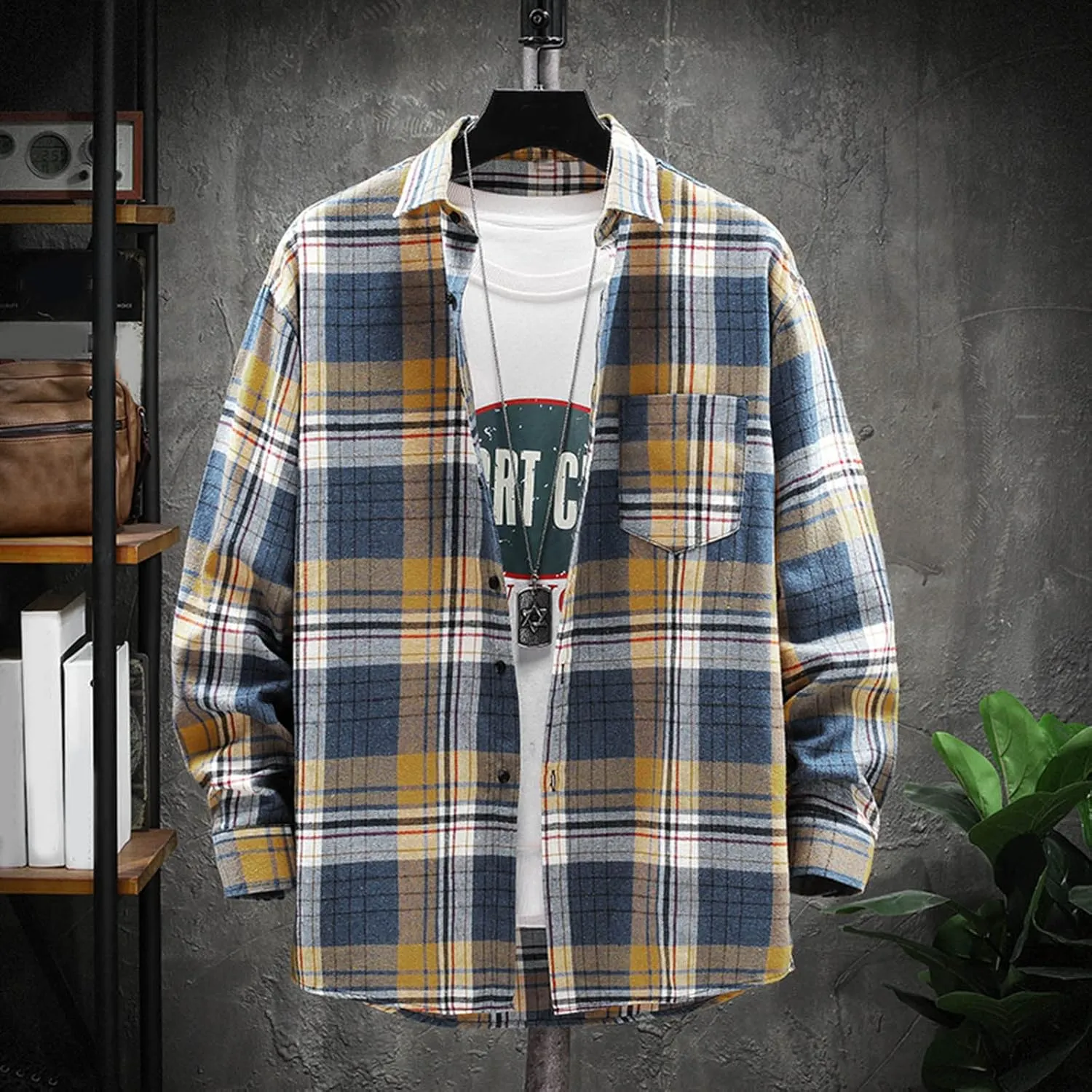Men's Cotton Plaid Shirts Jacket Fleece Lightweight Breathable Long Sleeve Lapel Formal Shirt Plaid Flannel Shirts