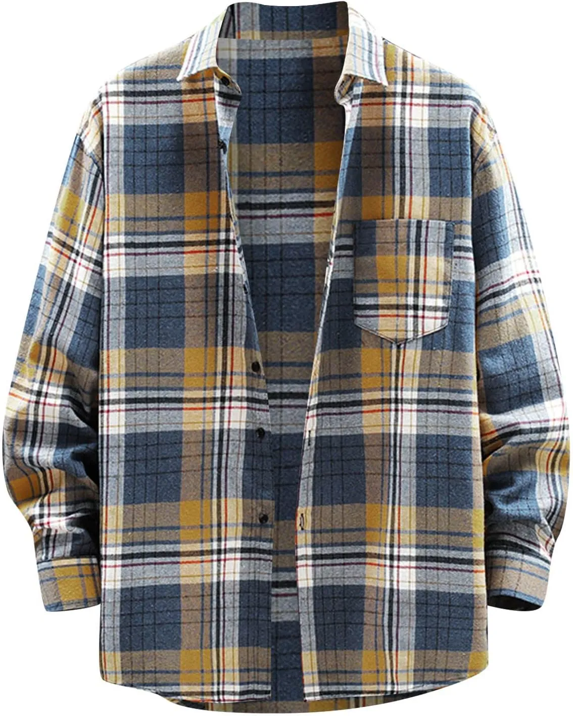 Men's Cotton Plaid Shirts Jacket Fleece Lightweight Breathable Long Sleeve Lapel Formal Shirt Plaid Flannel Shirts