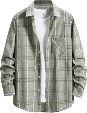 Men's Cotton Plaid Shirts Jacket Fleece Lightweight Breathable Long Sleeve Lapel Formal Shirt Plaid Flannel Shirts