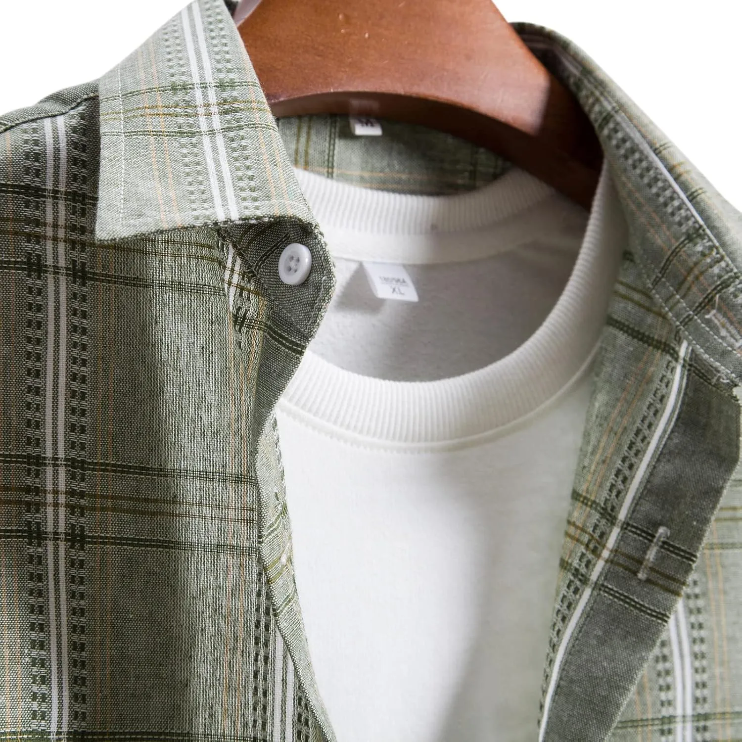 Men's Cotton Plaid Shirts Jacket Fleece Lightweight Breathable Long Sleeve Lapel Formal Shirt Plaid Flannel Shirts