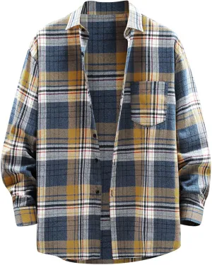 Men's Cotton Plaid Shirts Jacket Fleece Lightweight Breathable Long Sleeve Lapel Formal Shirt Plaid Flannel Shirts
