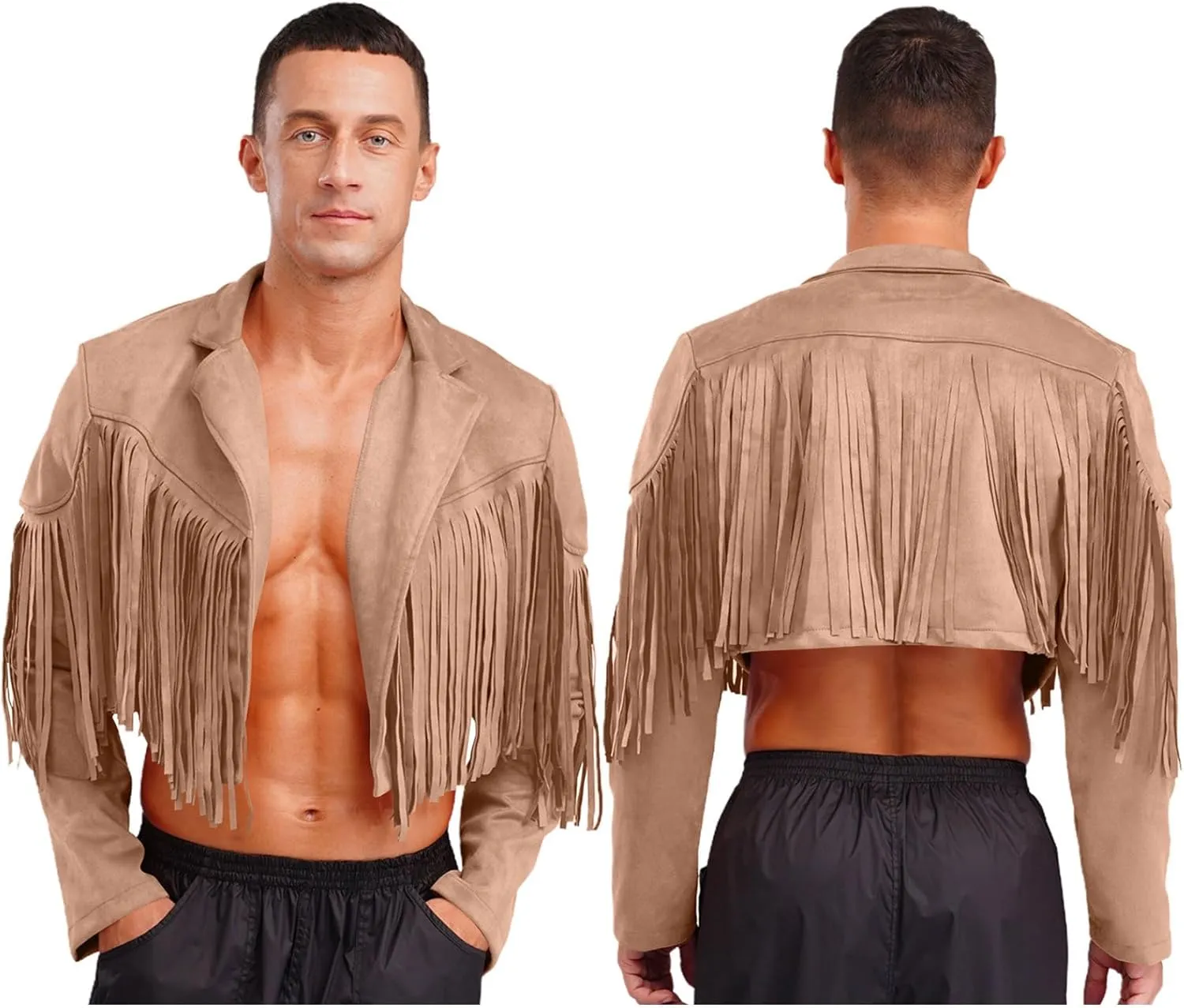 Men's Fringe Faux Suede Leather Open Front Tassel Coats Western Cowboy Jacket Outerwear