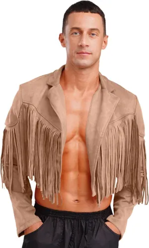 Men's Fringe Faux Suede Leather Open Front Tassel Coats Western Cowboy Jacket Outerwear