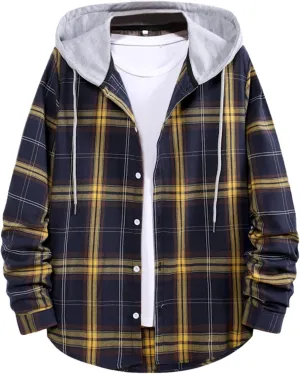 Men's Hooded Shirts Jackets Flannel Collar Long Sleeve Shirt Blouse Quilted Lined Flannel Shirt Jacket for Men Fall