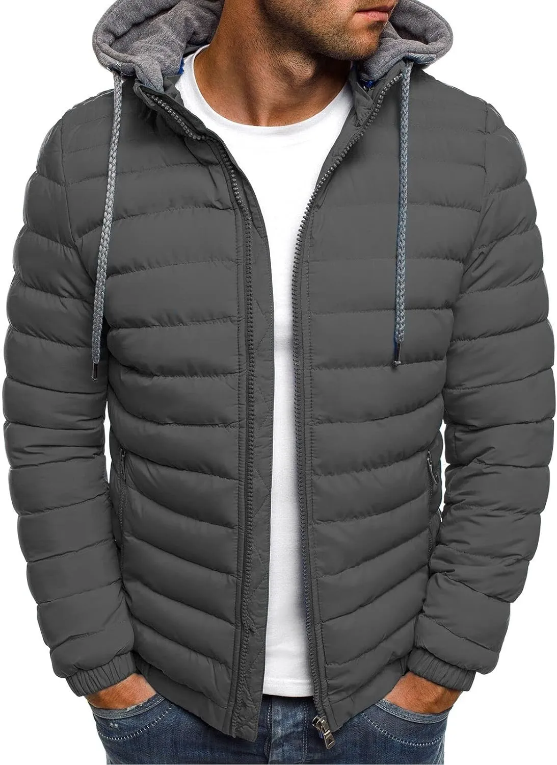 Men's Hooded Winter Coat Lightweight Packable Puffer Jacket Warm Full Zip Down Coat Snow Ski Jacket for Cold Weather