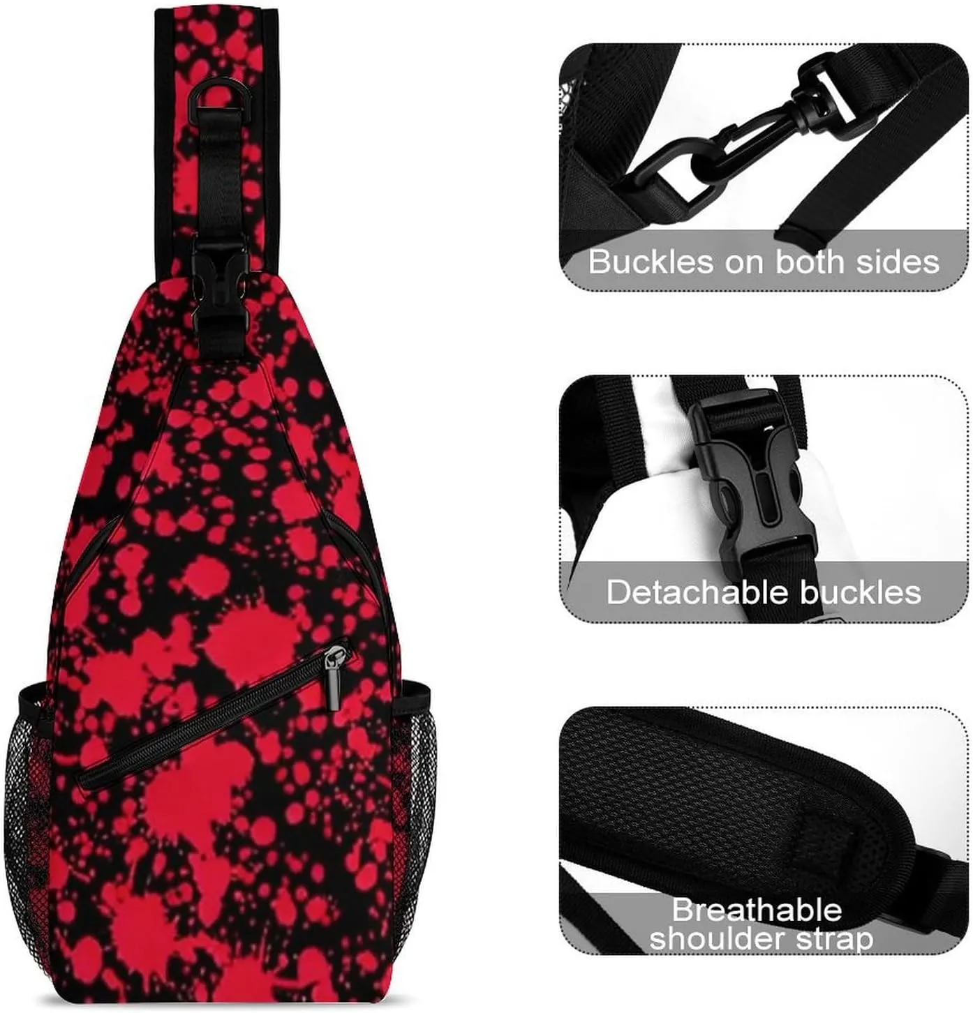 Men's Sling Bag Backpack Foldable Breathable Chest Sling Shoulder Backpacks Bags - Classic Horror Blood Splatter Black Art Multipurpose Anti-Theft Backpacking Bookbag