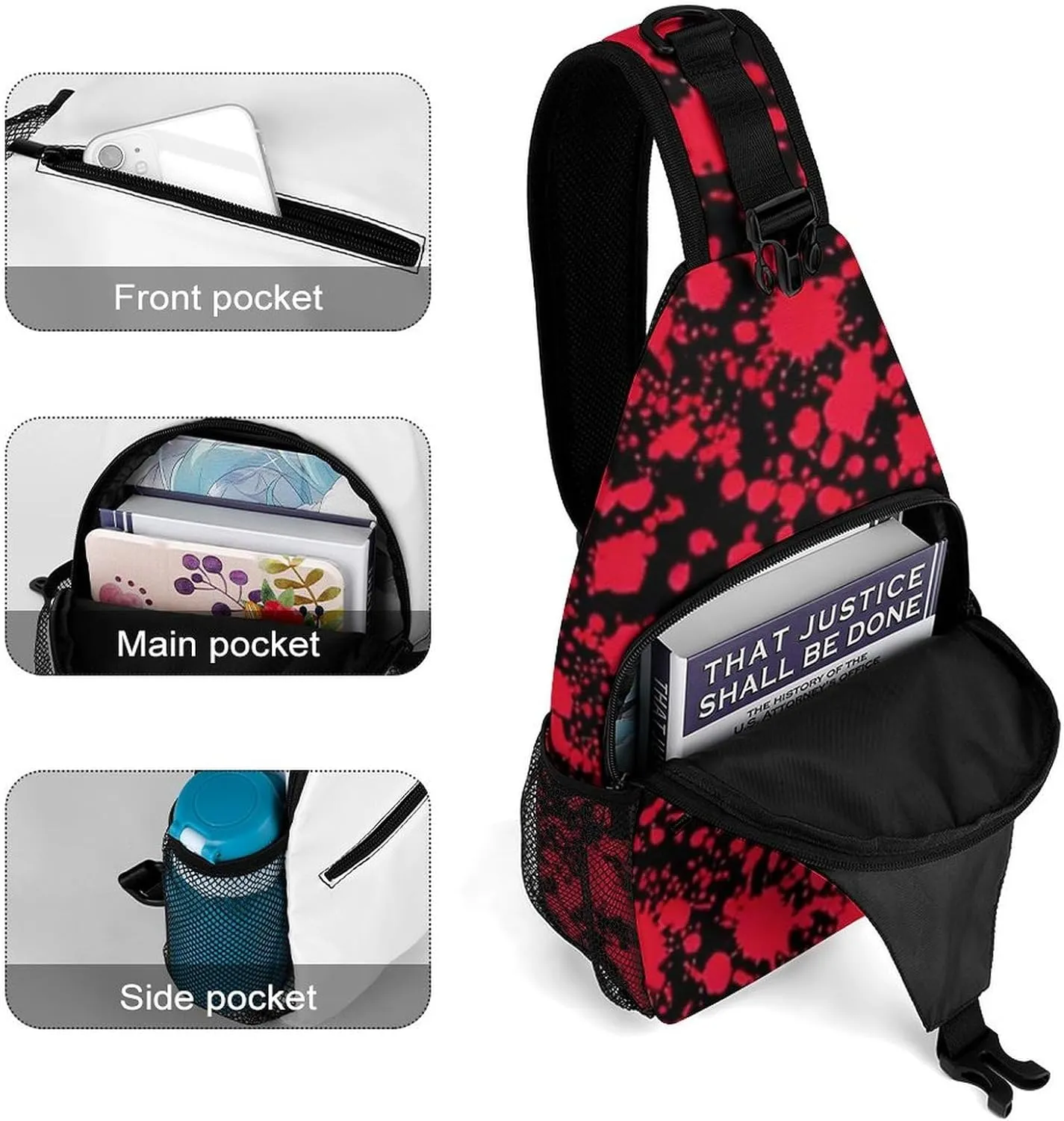 Men's Sling Bag Backpack Foldable Breathable Chest Sling Shoulder Backpacks Bags - Classic Horror Blood Splatter Black Art Multipurpose Anti-Theft Backpacking Bookbag