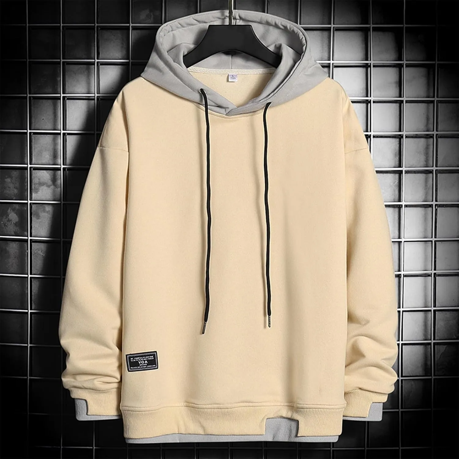 Mens Sweatshirt Long Sleeve Drawstraing Casual Pullover Hoodies Color Block Loose Comfy Sweatshirts