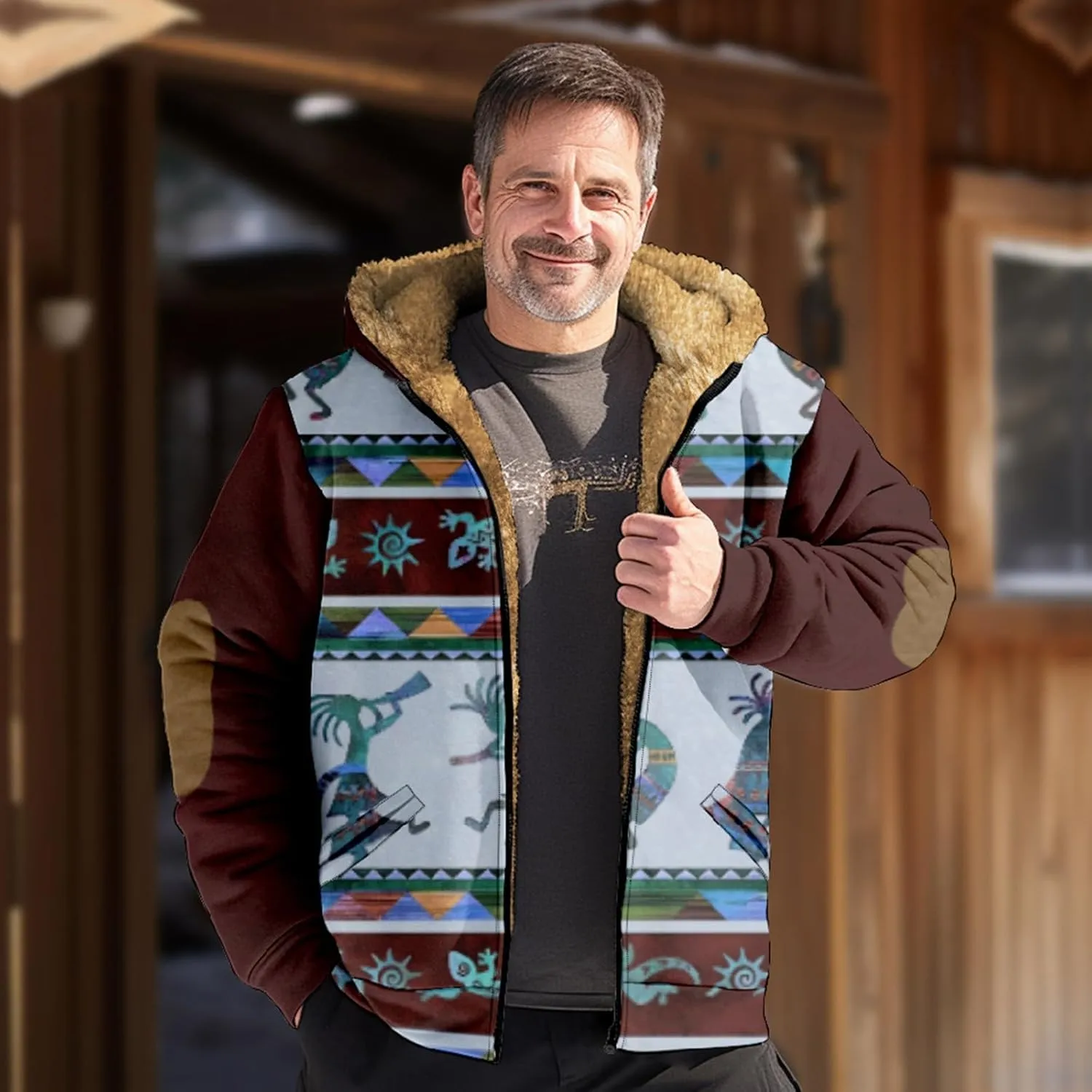 Mens Vintage Fleece Jacket Sherpa Lined Winter Coats Fall Winter Puffer Jacket Windproof Casual Hoodies with Pocket