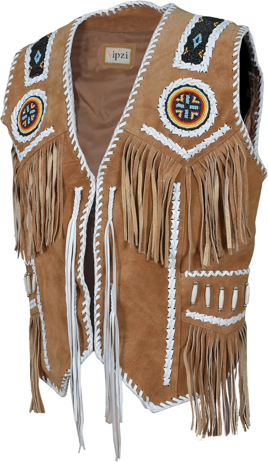 Men’s Western Cowhide Suede & Leather Vest – Beaded Fringe Yoke & Back Native-Inspired Cowboy Biker Vest