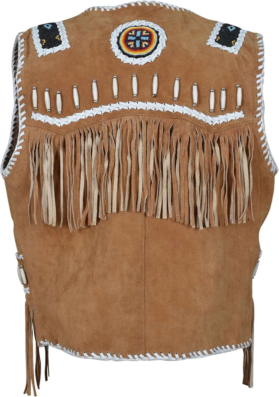 Men’s Western Cowhide Suede & Leather Vest – Beaded Fringe Yoke & Back Native-Inspired Cowboy Biker Vest