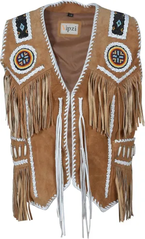 Men’s Western Cowhide Suede & Leather Vest – Beaded Fringe Yoke & Back Native-Inspired Cowboy Biker Vest