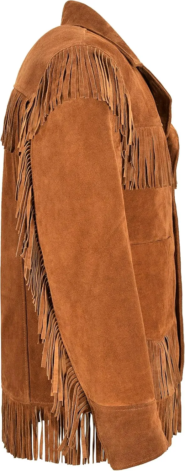 Mens Western Fringes Leather Jacket Tan Classic Fringe Real Suede Jacket 4198
