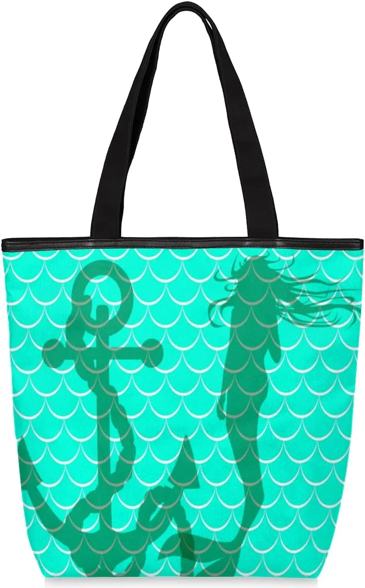 Mermaid Scale Teal Turquoise Canvas Tote Bag for Women Shoulder Bag Canvas Handbags Purse with Zipper Pockets College Book Tote Bag Work Totebag